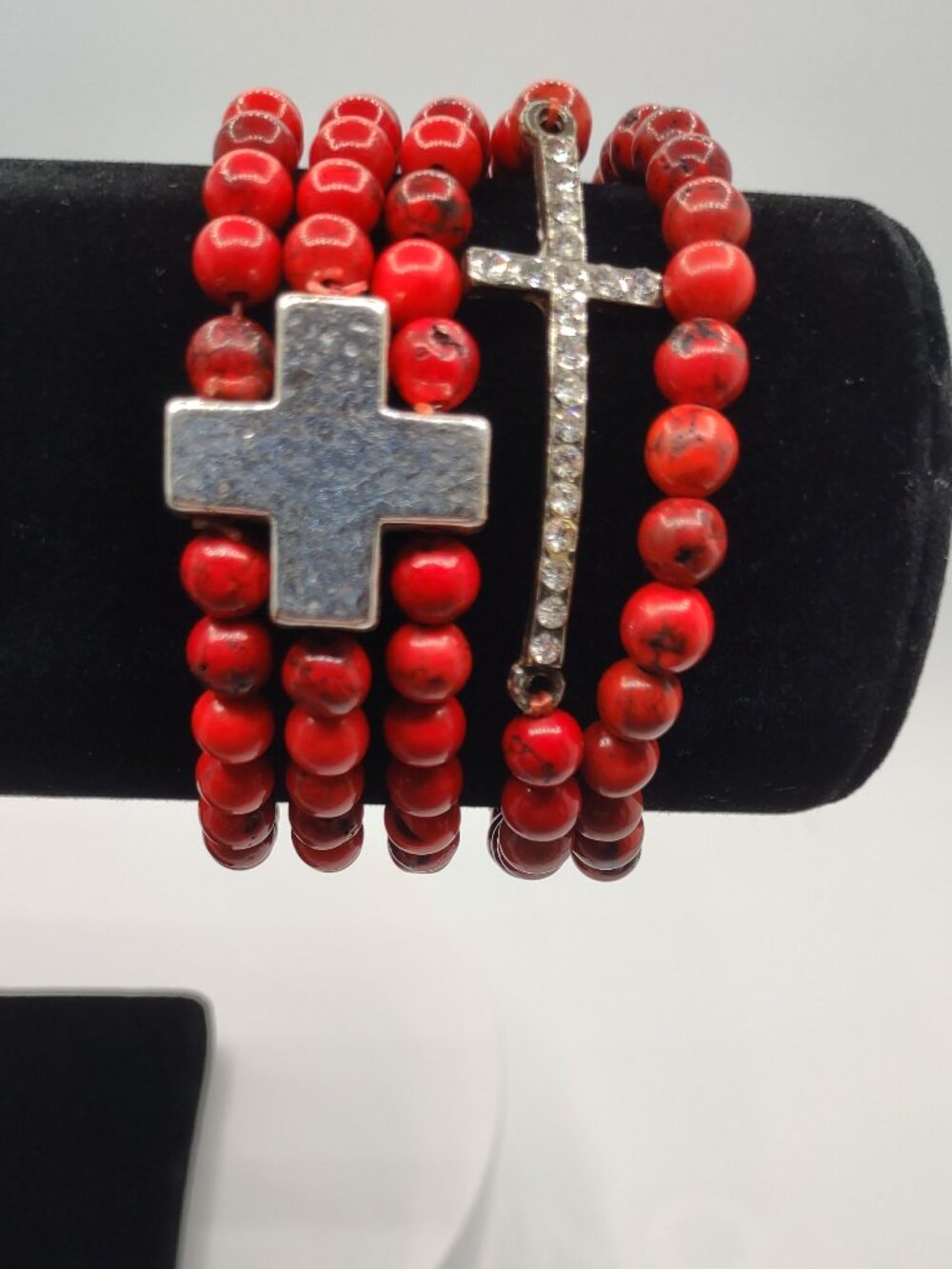 3 Stretch Bracelets - Red Quartz Beads + Silver Crosses - 5 Strands